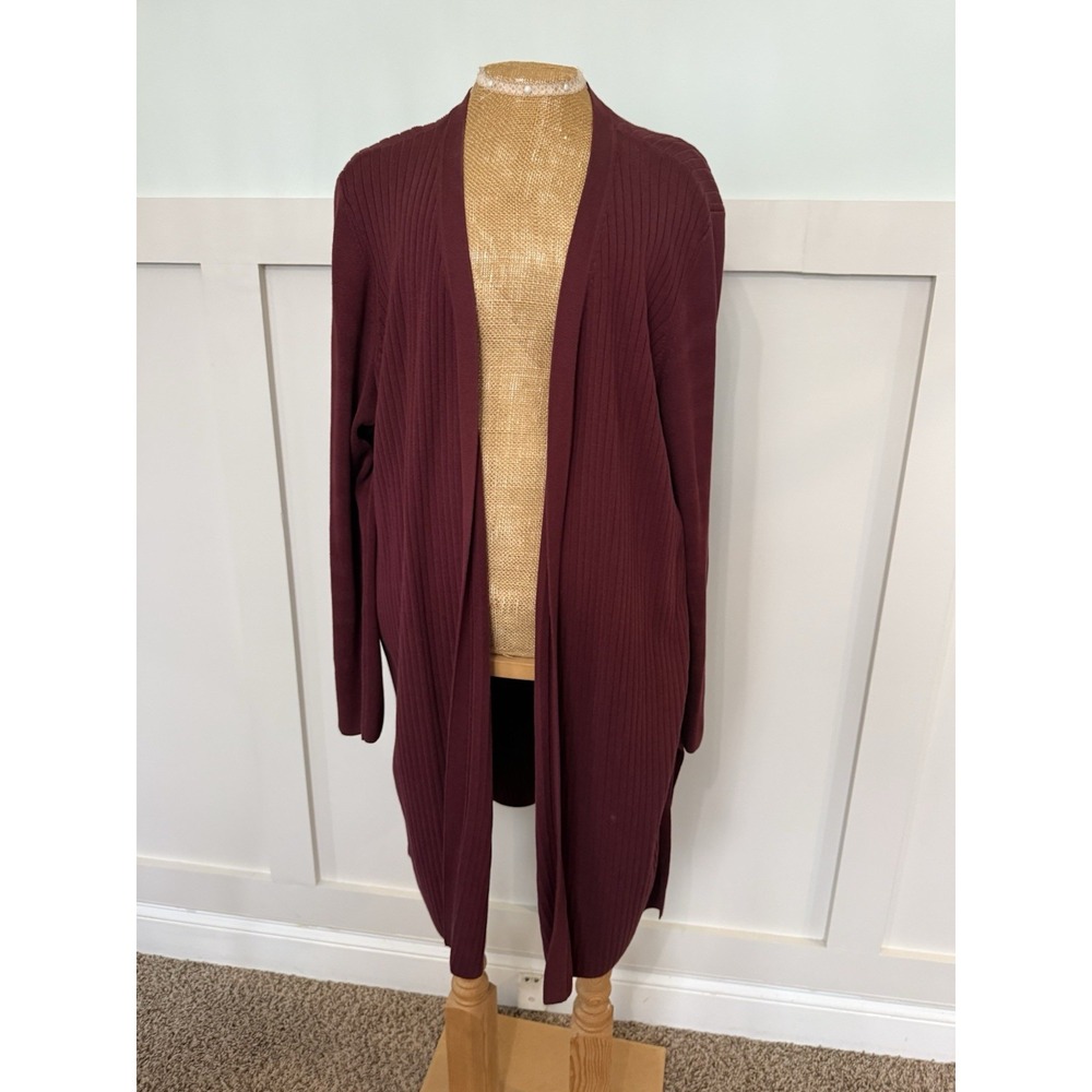 Talbots Long Line Open Front Ribbed Cardigan 2X Petite Burgundy Business Casual
